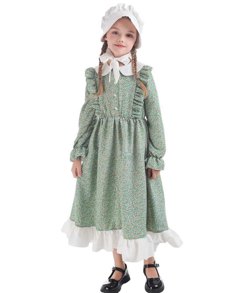 FCCAM FCCAM FCCAM Prairie Dresses for Girls Pioneer Costume 19th Century Long Sleeves Colonial Dress Green XXL age over 4 years old - Image 4