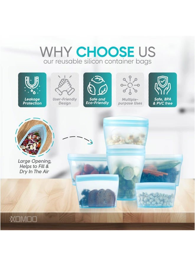 Xomoo Reusable food container silicone bag, Full Set 6, 2 Cups, 2 Dishes, 2 Bags Zip Containers Storage, 100% Silicone Reusable Food Bag, Stand Up Preservation Bag, Rounded interior for easy cleaning. - Image 4