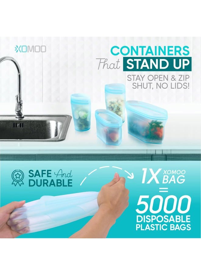 Xomoo Reusable food container silicone bag, Full Set 6, 2 Cups, 2 Dishes, 2 Bags Zip Containers Storage, 100% Silicone Reusable Food Bag, Stand Up Preservation Bag, Rounded interior for easy cleaning. - Image 3