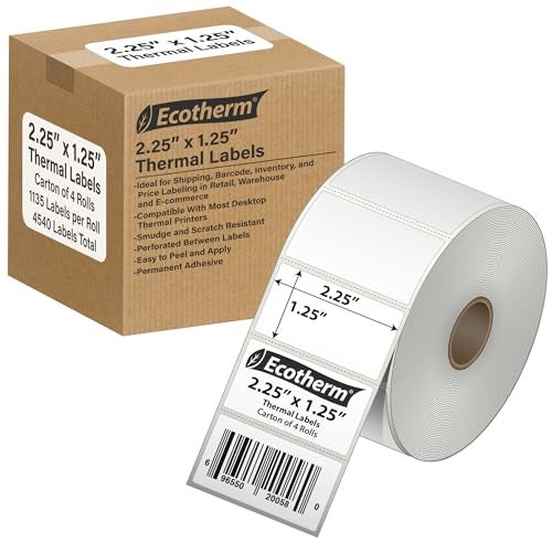 Ecotherm 2.25" x 1.25" Thermal Labels | 4 Rolls | 4540 Labels | fits Zebra, Munbyn, Rollo, Godex, Arkscan, iDPRT, Offnova Thermal Label Printers and More | Blank White Adhesive Stickers by Ecotherm - Image 1