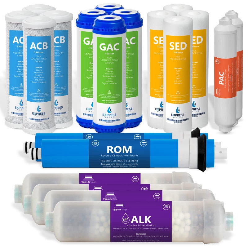 Express Water مجموعة فلاتر استبدال نظام التناضح العكسي القلوي من إكسبريس ووتر لمدة سنتين 20 فلتر مع غشاء RO بسعة 50 جالون في اليوم بحجم 10 بوصة