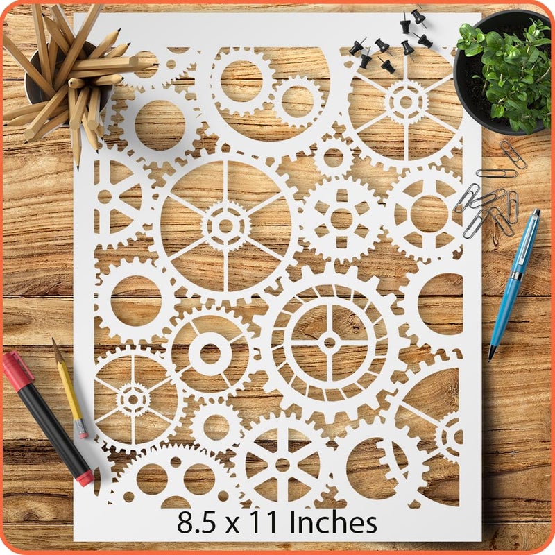 Lionx Steampunk Gears Stencil Template - Reusable 8.5x11 Inches for Painting on Walls, Wood, DIY Arts and Crafts Projects - Image 1