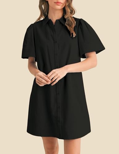 Meyhad Womens Short Sleeve Button Down Mini Shirt Dress Lapel Collar Short Dresses with Pocket(0942-Black-XL) - Image 2
