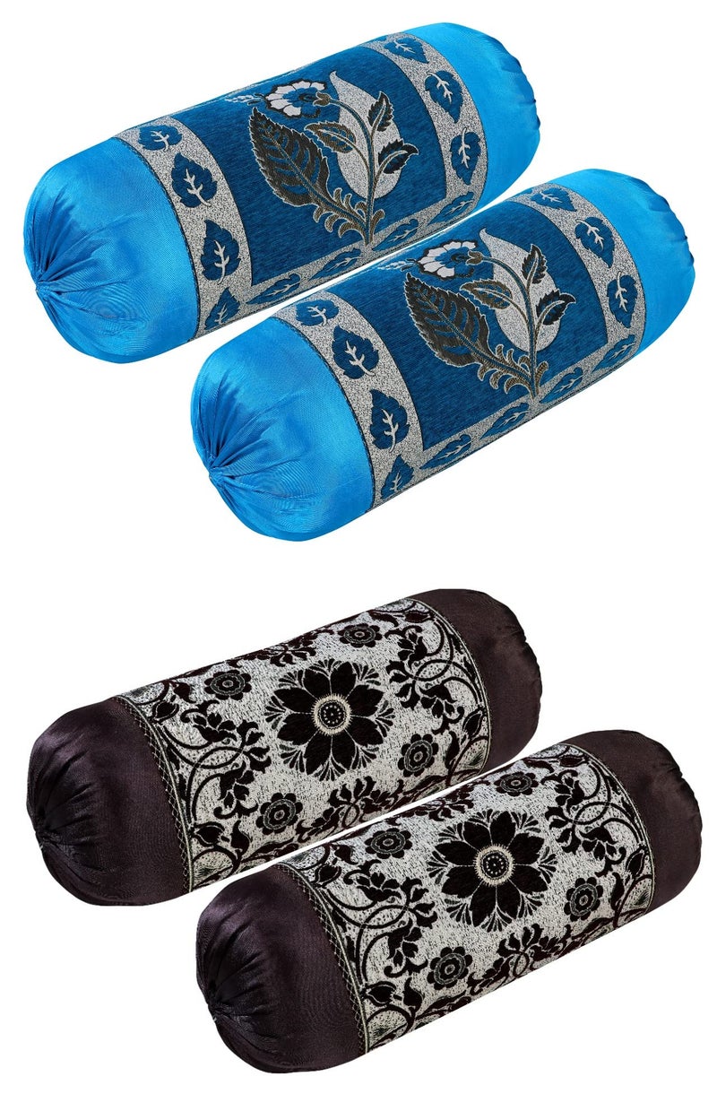 HSR Collection Premium Chennile Luxury Bolster Cover, Blue & Coffee - 4 Pieces - Image 1