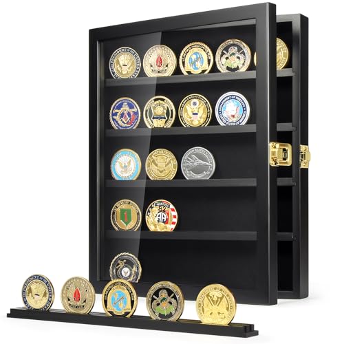 TJMOREE Military Challenge Coin Display Case Coin Display Holder Wall Mount with Removable Shelves Shadow Box for Medals Pin Badges Buttons