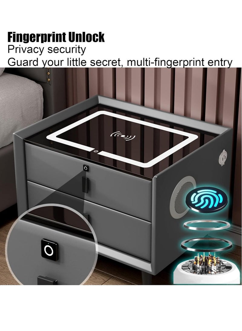 Nightstand with Fingerprint Lock Drawer Smart Multifunctional Table with Wireless charging Bluetooth Speaker Storage Cabinet with Adjustable Led Light for Bedroom Living Room (Light Grey) - Image 2