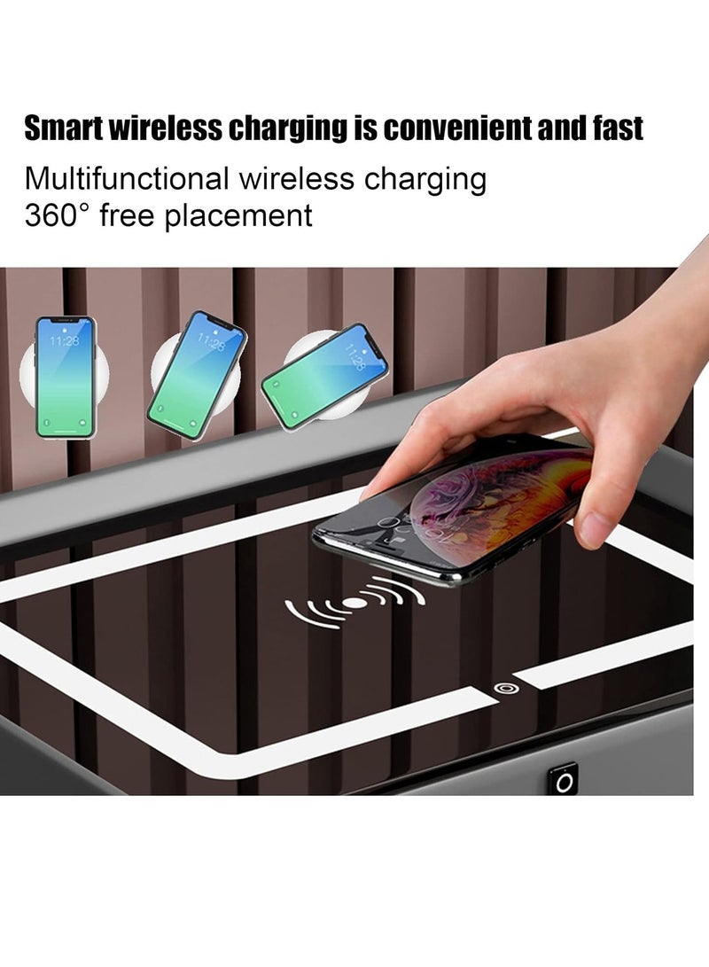 Nightstand with Fingerprint Lock Drawer Smart Multifunctional Table with Wireless charging Bluetooth Speaker Storage Cabinet with Adjustable Led Light for Bedroom Living Room (Light Grey) - Image 4