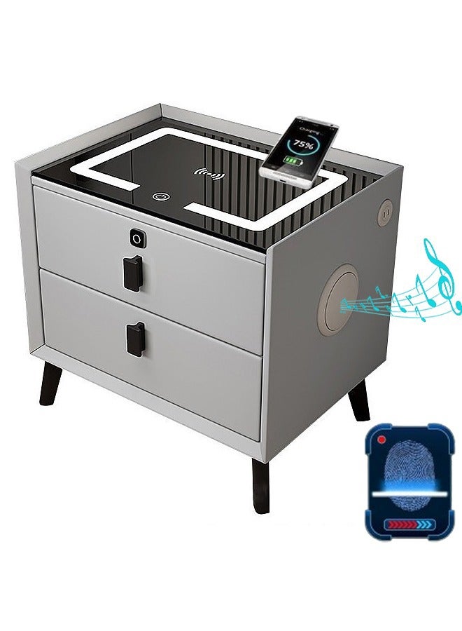 Nightstand with Fingerprint Lock Drawer Smart Multifunctional Table with Wireless charging Bluetooth Speaker Storage Cabinet with Adjustable Led Light for Bedroom Living Room (Light Grey) - Image 1