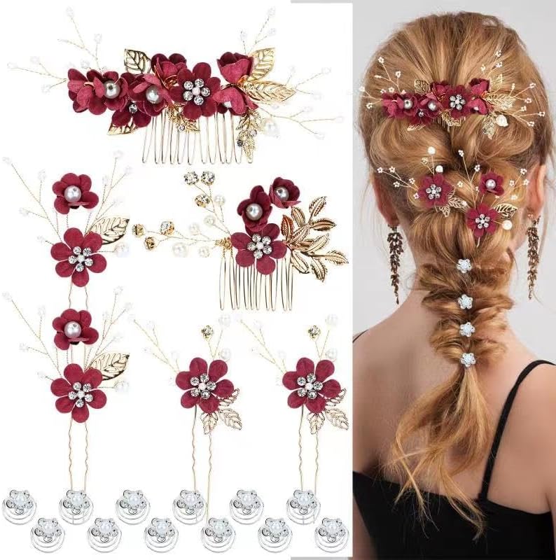 Cinaci 18 Pieces Bridal Wedding Party Prom Pearl Rhinestone Burgundy Flower Hair Side Combs SlidesUshaped Flower Hair PinsTwist Spiral Hairpins Floral Headpieces for Brides Bridesmaids Women Girls