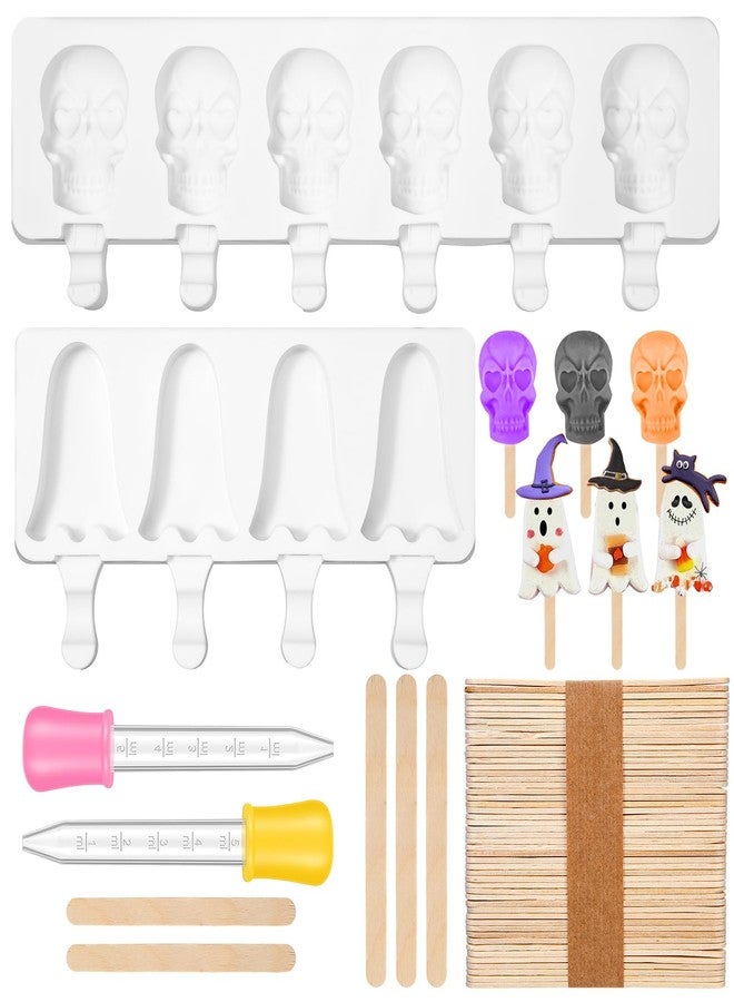 FillTouch 2 Pack Halloween Silicone Ice Cream Mold Homemade Cakesicle Mold Kits Silicone Ghost Skull Ice Pops with 50 Wooden Sticks and 2 Droppers Craft Sticks for Baking and Home Snacks DIY - Image 1