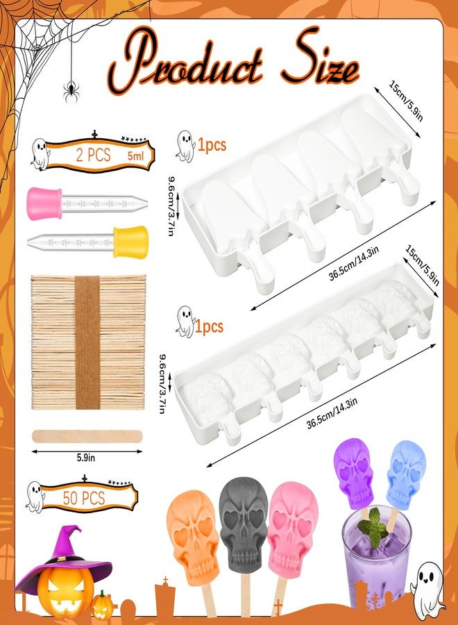 FillTouch 2 Pack Halloween Silicone Ice Cream Mold Homemade Cakesicle Mold Kits Silicone Ghost Skull Ice Pops with 50 Wooden Sticks and 2 Droppers Craft Sticks for Baking and Home Snacks DIY - Image 2