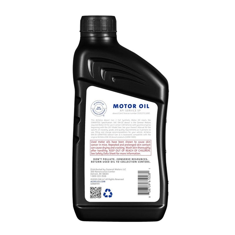 زيت محرك ACDelco GM الأصلي 10-9236 dexos1 GEN 2 اصطناعي بالكامل 0W-20 - 1 لتر، عبوة من 1 - Image 2