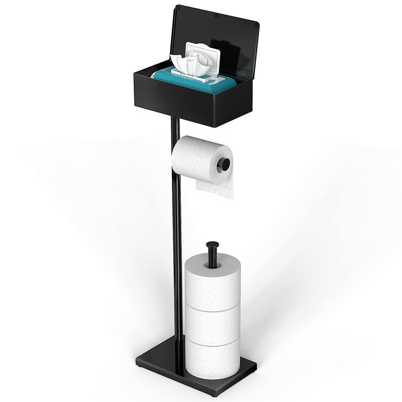 CISILY Black Toilet Paper Holder Stand with Storage Shelf Free Standing Toilet Paper Roll Holders Bathroom Toliet Tissue Holder Accessories Essentials