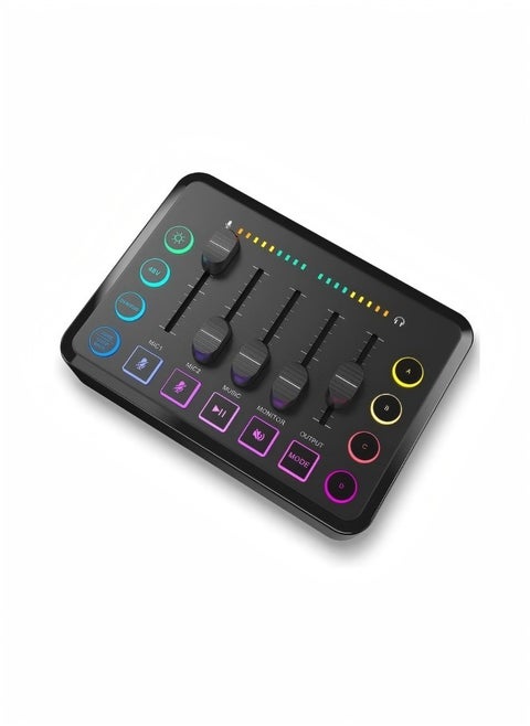 خلاط صوت للألعاب بدقة عالية مع إضاءة RGB وواجهة ميكروفون XLR - خلاط طاقة فانتوم 48 فولت قابل لإعادة الشحن للبث والبودكاست والتسجيل المباشر - تحكم في الصوت بجودة استوديو احترافي.