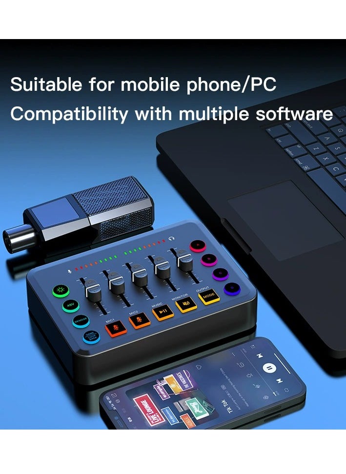 خلاط صوت للألعاب بدقة عالية مع إضاءة RGB وواجهة ميكروفون XLR - خلاط طاقة فانتوم 48 فولت قابل لإعادة الشحن للبث والبودكاست والتسجيل المباشر - تحكم في الصوت بجودة استوديو احترافي.