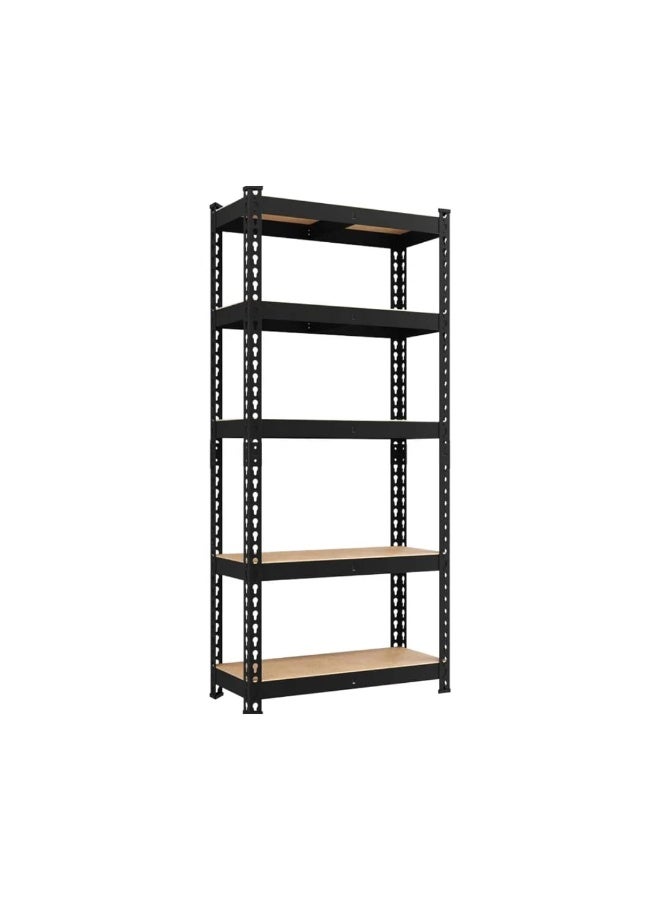 Protector Adjustable storage shelving unit, 5-tier metal organizer rack, black with wooden shelves, 152 x 70 x 30 cm, for kitchen, pantry and basement - Image 1