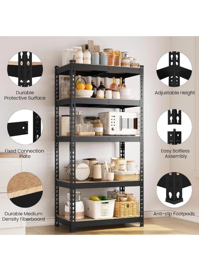 Protector Adjustable storage shelving unit, 5-tier metal organizer rack, black with wooden shelves, 152 x 70 x 30 cm, for kitchen, pantry and basement - Image 2