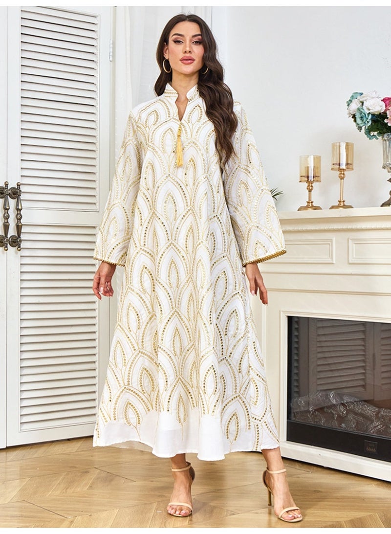 Kaiyuede Abaya Eid Wedding White Gold Mirror Sequin Peacock Embroidery Tassel Mandarin Collar V-Neck Full Coverage S-XL - Image 1