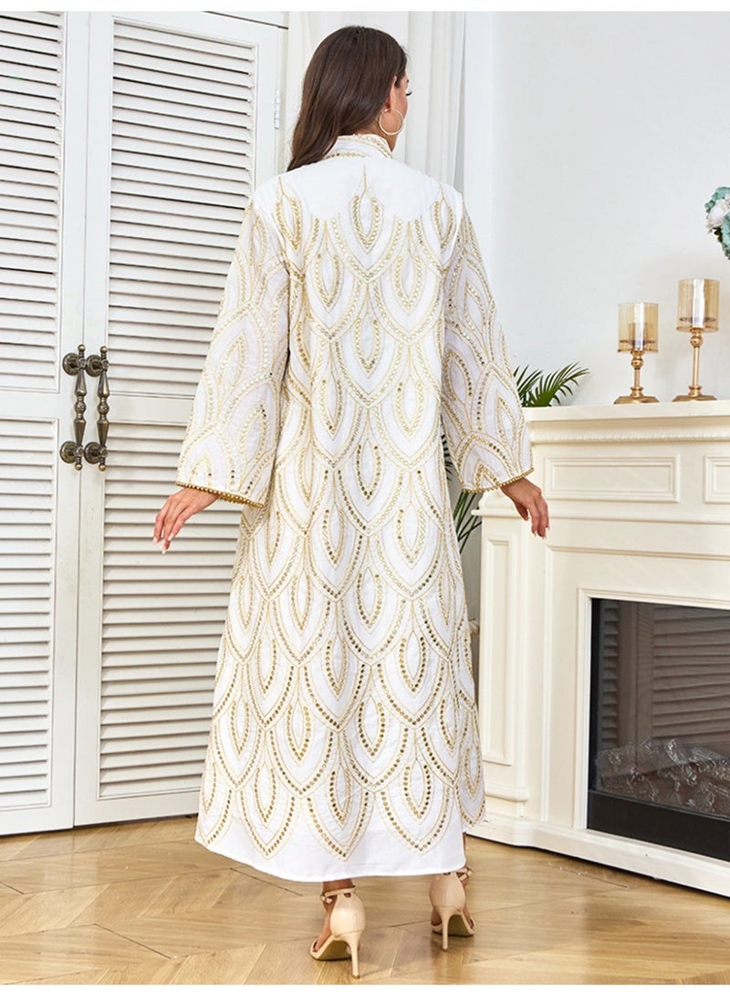 Kaiyuede Abaya Eid Wedding White Gold Mirror Sequin Peacock Embroidery Tassel Mandarin Collar V-Neck Full Coverage S-XL - Image 3