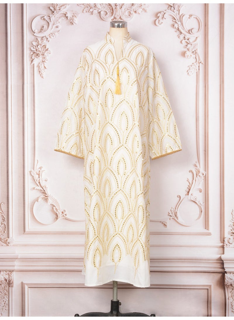 Kaiyuede Abaya Eid Wedding White Gold Mirror Sequin Peacock Embroidery Tassel Mandarin Collar V-Neck Full Coverage S-XL - Image 5