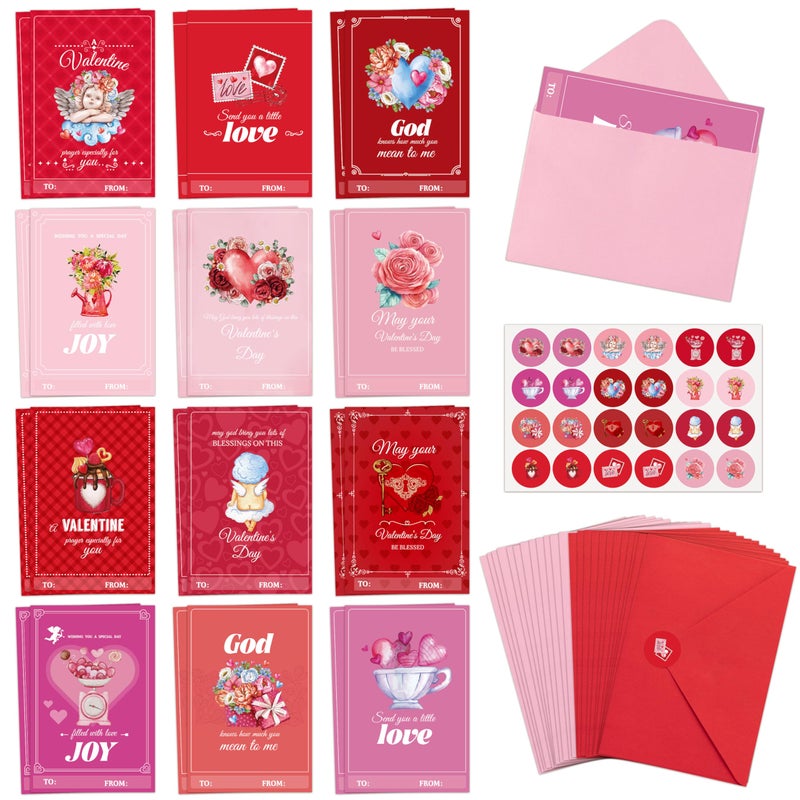 TICIAGA 24 Set Valentine's Day Vintage Blessed Greeting Cards with Envelop Retro Religious Sticker for Kid DIY Flower Heartfelt Notecard Exchange Gifts for Boys and Girls Christian School Party Favors - Image 1