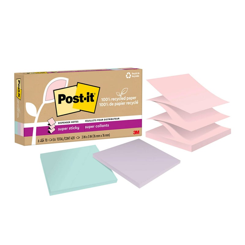 Post It Post-it Super Sticky 100% Recycled Pop-up Notes, 3 in. x 3 in., 70 Sheets, 6 Pads, Wanderlust Collection, School Supplies and Office Products - Image 1