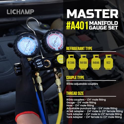 Lichamp عدادات HVAC من Lichamp مع الخراطيم، مجموعة عدادات مانيفولد AC R134A R410A R404A R22 لغازات التبريد - Image 2