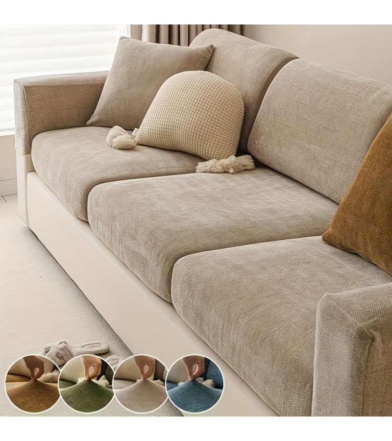 Brown 3 Seater L Solid Color Sofa Cover High Density Chenille Fabric Full Elastic Non Slip Fit Recliner Sofa Home Decor Suitable for Single Double Three Person Four Person And Combination Sofas - Image 1