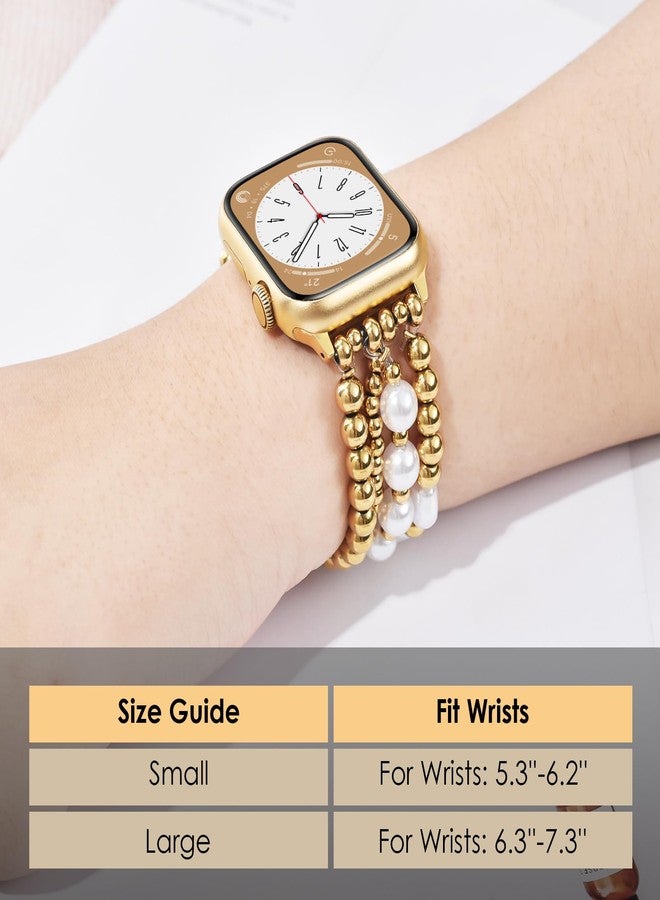 أساور AIRSPO الذهبية المزينة بالخرز متوافقة مع سوار ساعة Apple Watch 38 مم 40 مم 41 مم 42 مم 44 مم 45 مم للنساء، أساور ساعة iPhone أنيقة مصنوعة يدويًا بحزام مرن لسلسلة iWatch SE 8 7 6 5 4 3 2 1 (ذهبي، 42 مم/44 مم/45 مم-S(5.3"-6.2") - Image 4