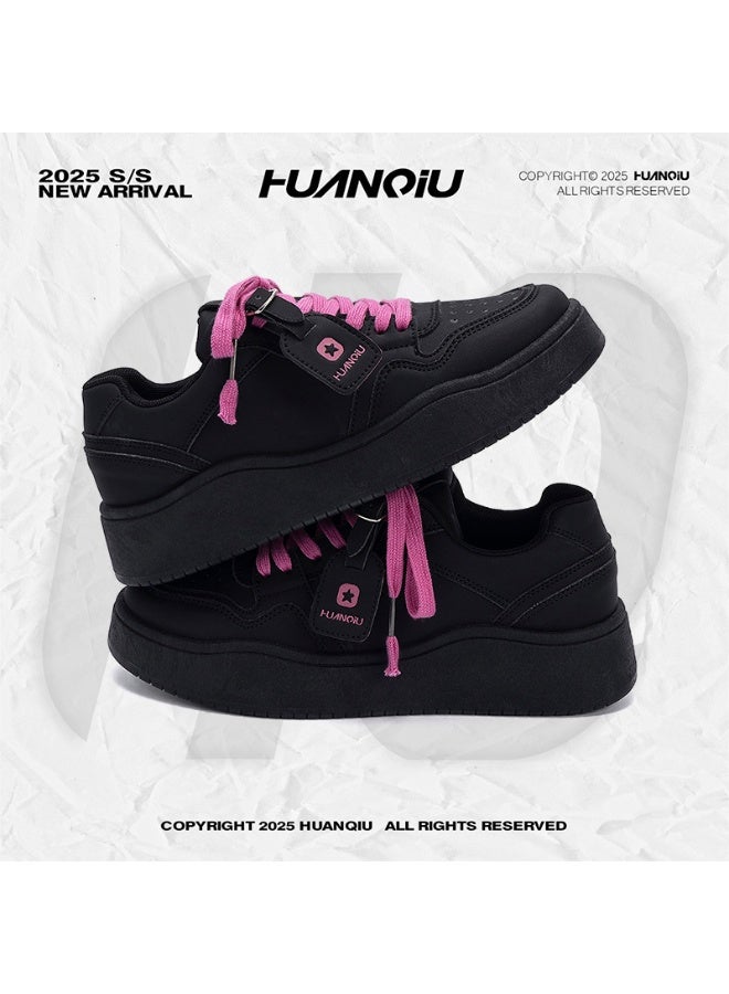HUANQIU 2025 S/S New Arrival Black Platform Sneakers with Pink Laces - Stylish Casual Low-Top Shoes 42SIZE - Image 1