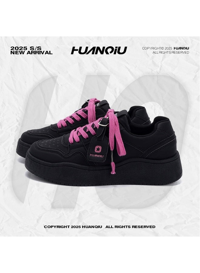 HUANQIU 2025 S/S New Arrival Black Platform Sneakers with Pink Laces - Stylish Casual Low-Top Shoes 42SIZE - Image 2