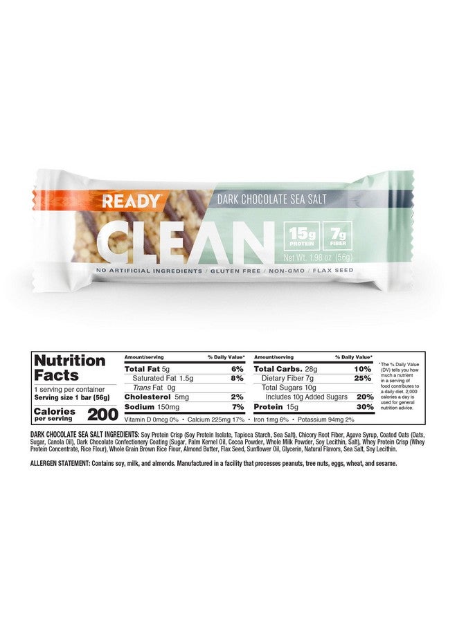 Ready Clean Bar 15G Of Protein 7G Fiber 6.5G Of Whole Grains Nongmo Dark Chocolate Sea Salt 1.98 Ounces 12Pack - Image 2