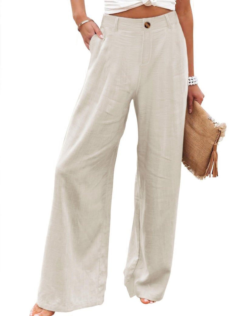 Hooever Womens Cotton Linen Pants Casual Button Up High Waisted Wide Leg Trousers(Apricot-M) - Image 1