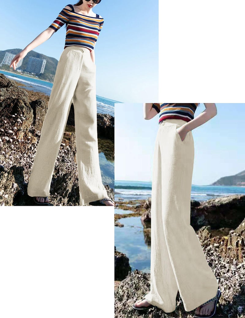 Hooever Womens Cotton Linen Pants Casual Button Up High Waisted Wide Leg Trousers(Apricot-M) - Image 5