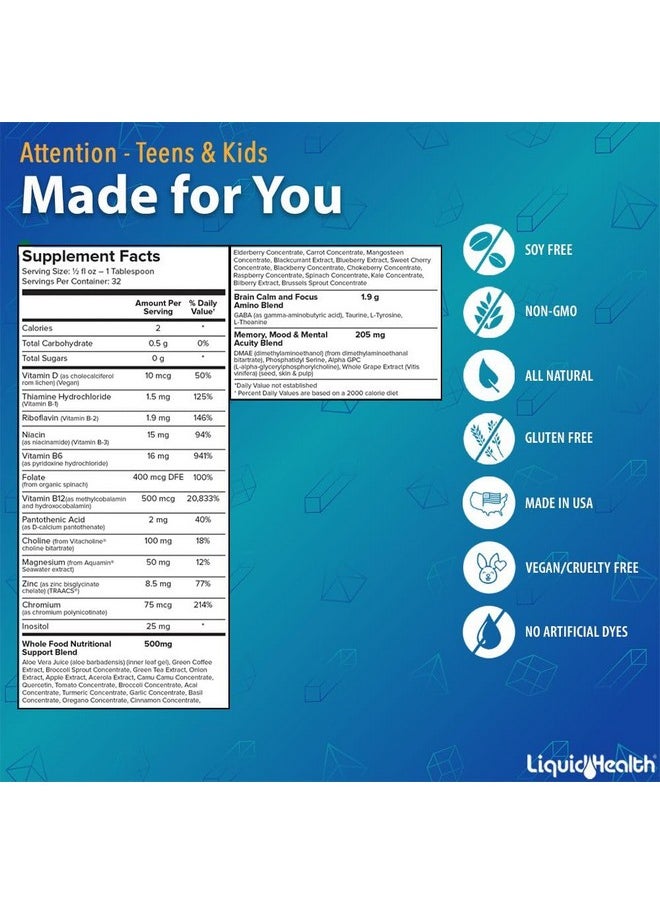 ليكويد هيلث LIQUIDHEALTH Attention Liquid Multivitamins for Kids & Teens - يحسن من احتفاظ الذاكرة والتركيز والانتباه والمزاج والاسترخاء والتهدئة - طعم رائع، نباتي، خالٍ من السكر (16 أونصة)  - Image 4