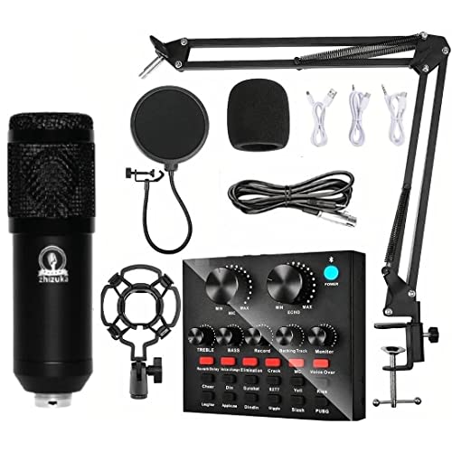 ZHIZUKA Condenser USB Microphone Set V8 Sound Card Mixer Amplifier Voice Changer Audio Interface | Singing Smule Live Streaming Podcast Broadcasting (3.5 Mm Mic + Sound Card, Black) - Image 1