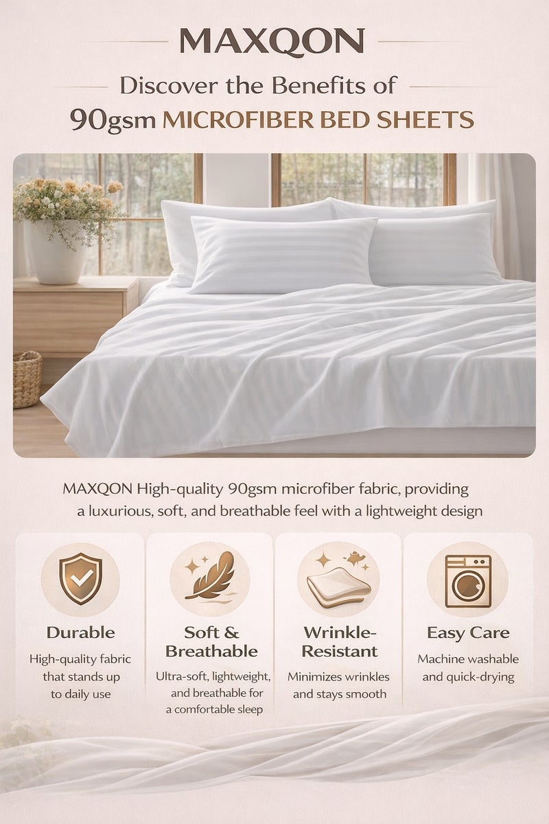 ماكسكون طقم ملاية سرير مايكروفايبر فاخر مكوّن من 3 قطع – ملاية مسطحة مقاس (230×255 سم) مع 2 كيس وسادة (50×75 سم) – ناعم جداً، قابل للتنفس، ومقاوم للتجاعيد – مناسب لأسرة الكوين والكينج – مثالي للاستخدام المنزلي والفندقي - Image 4