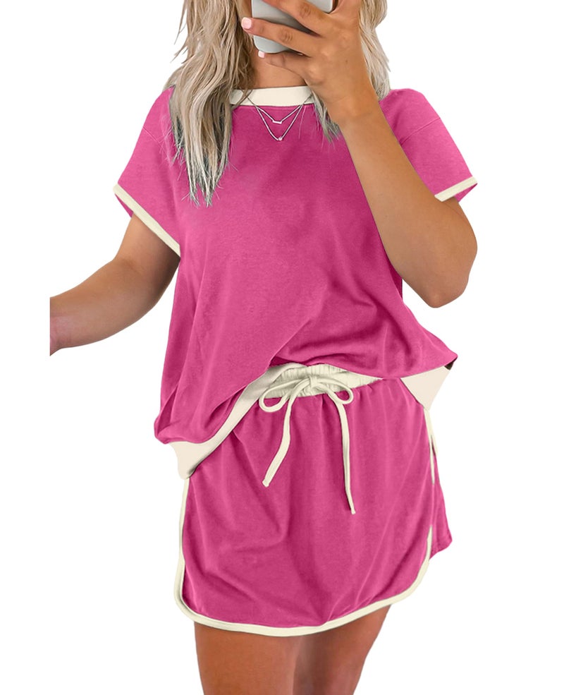 SELINK Lounge Sets for Women 2 Piece Skirt Colorblock Drop Shoulder T Shirt and Skort Set Summer Tracksuits Rose-M - Image 1