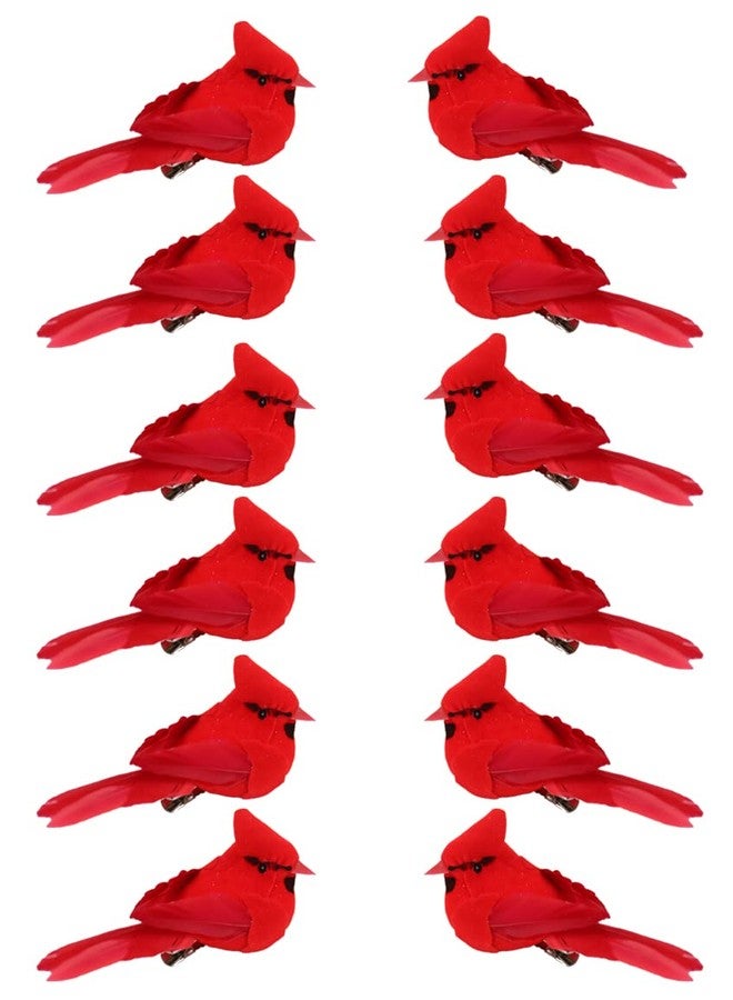 KLEWEE 12 Pcs Cardinal Birds for Crafts, Mini Cardinal Clip On Christmas Tree Ornaments Artificial Red Birds Decorations for Wreaths Centerpieces DIY Crafts, Red Velvet & Feathers - Image 1