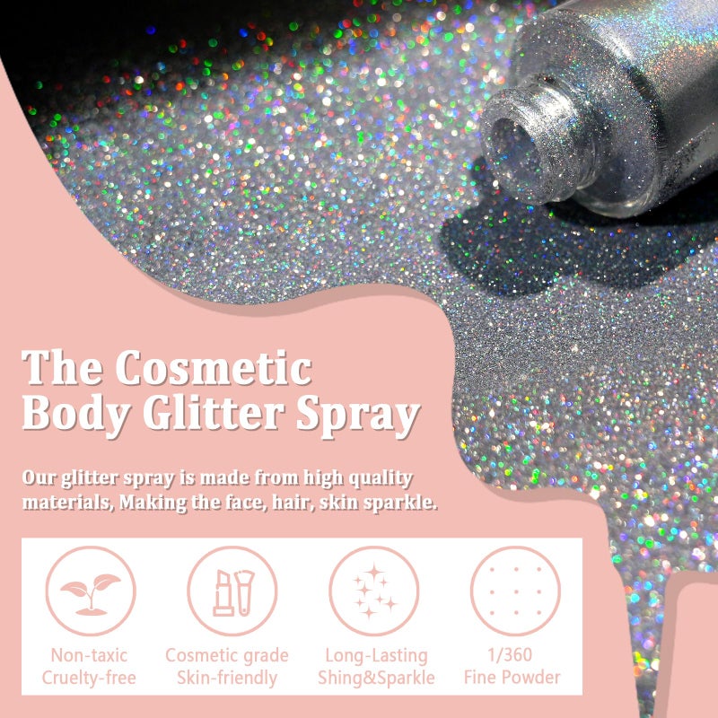 Boko بخاخ بريق الجسم بوكو، بخاخ بريق فضي هولوجرافي للجسم والوجه والشعر والأظافر والملابس، بريق شعر بودرة لامعة لمكياج الهايلايتر لمهرجان حفلة حفلة موسيقية إكسسوارات ريف - Image 2