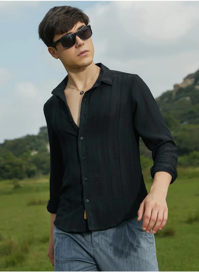 Campus Sutra Men's Onyx Black Trough-Tactile Shirt