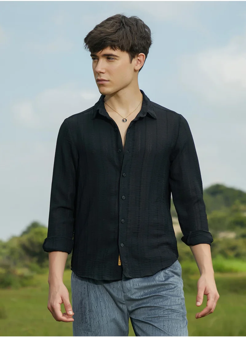 Campus Sutra Men's Onyx Black Trough-Tactile Shirt