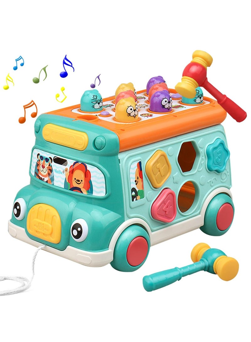 Cute Stone Push Pull Bus Toy, Baby Musical Learning Toys with Sound  Light, Whack-a-Mole Game, Shape Matching, Gear, Toy Clock, Activity Bus Toy Early Education Gift for Toddler Boys Girls  - Image 1