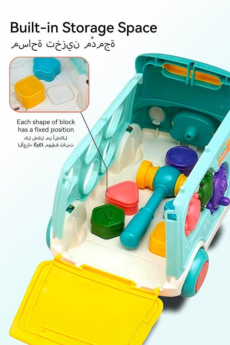 Cute Stone Push-Pull Musical Activity Bus Toy with Sound & Light, Montessori Hammering & Pounding Whack-a-Mole, Shape Matching, Gear Play & Toy Clock – Early Educational Gift for Toddler Boys & Girls - Image 3