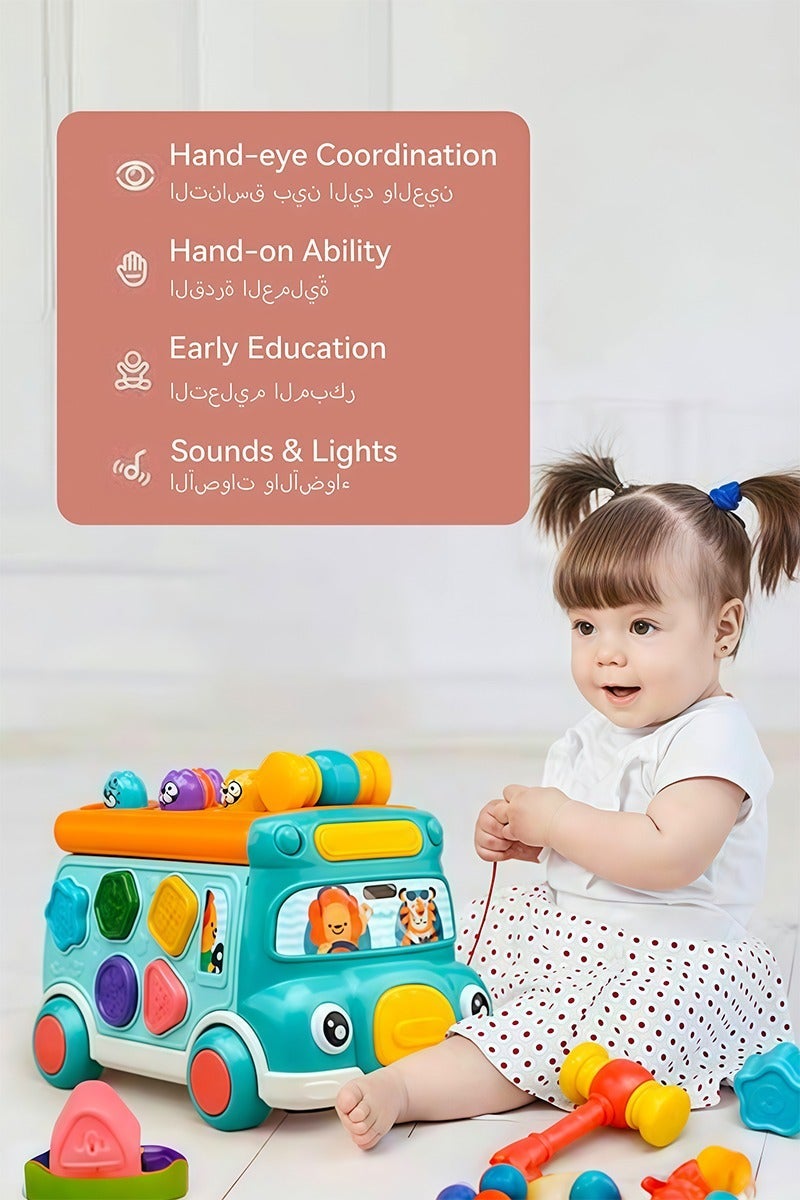 Cute Stone Push-Pull Musical Activity Bus Toy with Sound & Light, Montessori Hammering & Pounding Whack-a-Mole, Shape Matching, Gear Play & Toy Clock – Early Educational Gift for Toddler Boys & Girls - Image 5