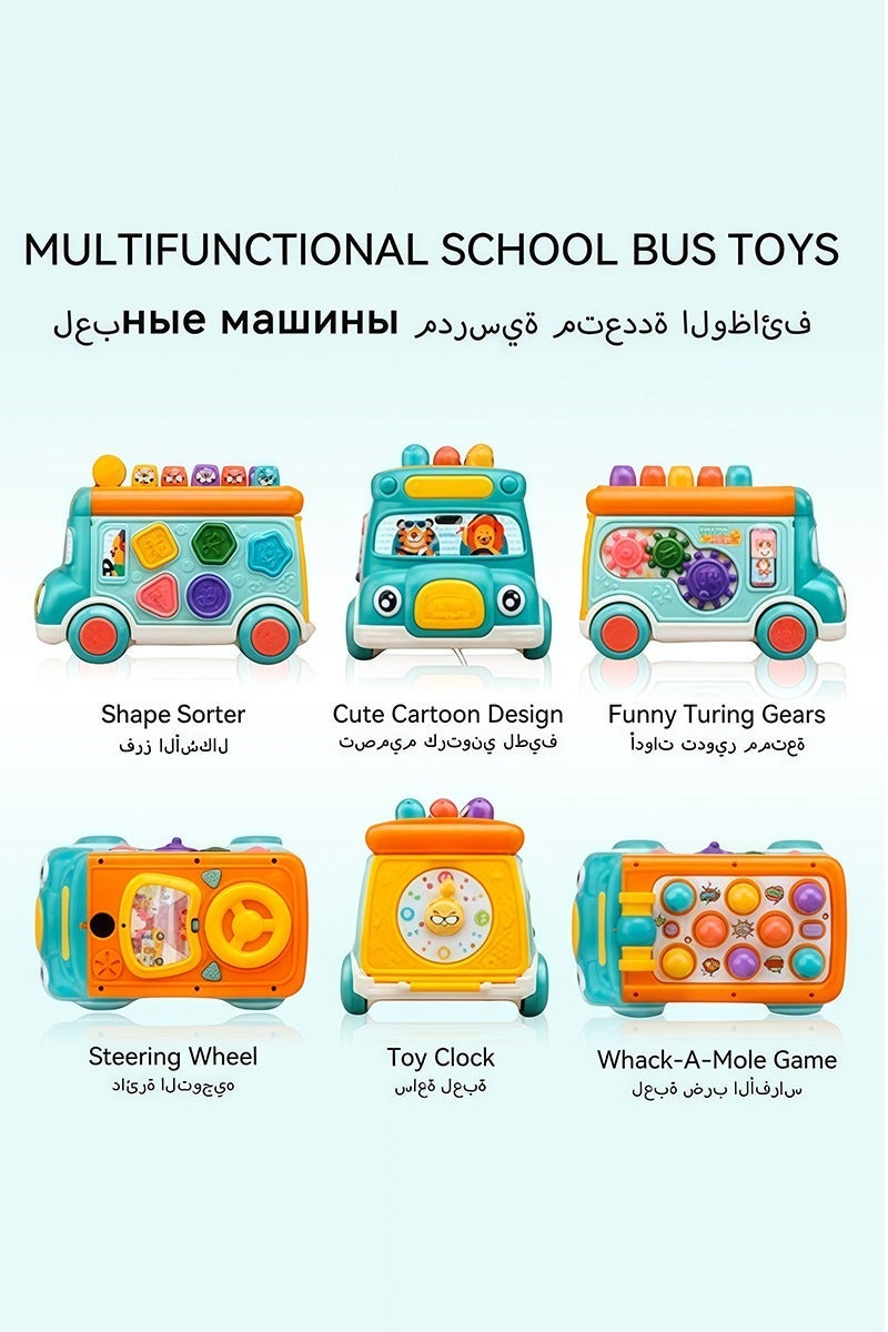 Cute Stone Push-Pull Musical Activity Bus Toy with Sound & Light, Montessori Hammering & Pounding Whack-a-Mole, Shape Matching, Gear Play & Toy Clock – Early Educational Gift for Toddler Boys & Girls - Image 2