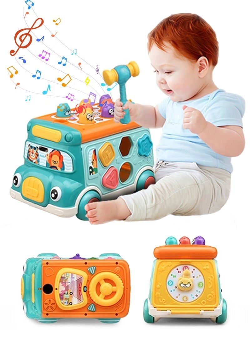Cute Stone Push-Pull Musical Activity Bus Toy with Sound & Light, Montessori Hammering & Pounding Whack-a-Mole, Shape Matching, Gear Play & Toy Clock – Early Educational Gift for Toddler Boys & Girls - Image 1