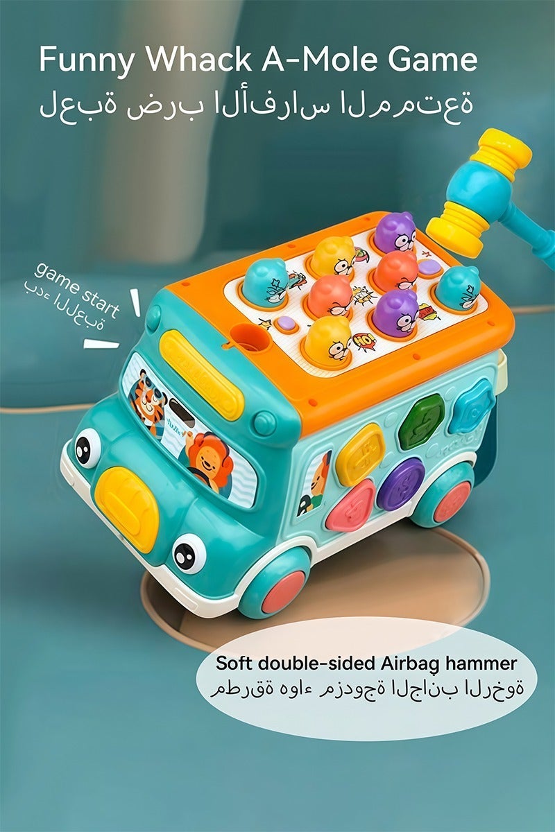 Cute Stone Push-Pull Musical Activity Bus Toy with Sound & Light, Montessori Hammering & Pounding Whack-a-Mole, Shape Matching, Gear Play & Toy Clock – Early Educational Gift for Toddler Boys & Girls - Image 4