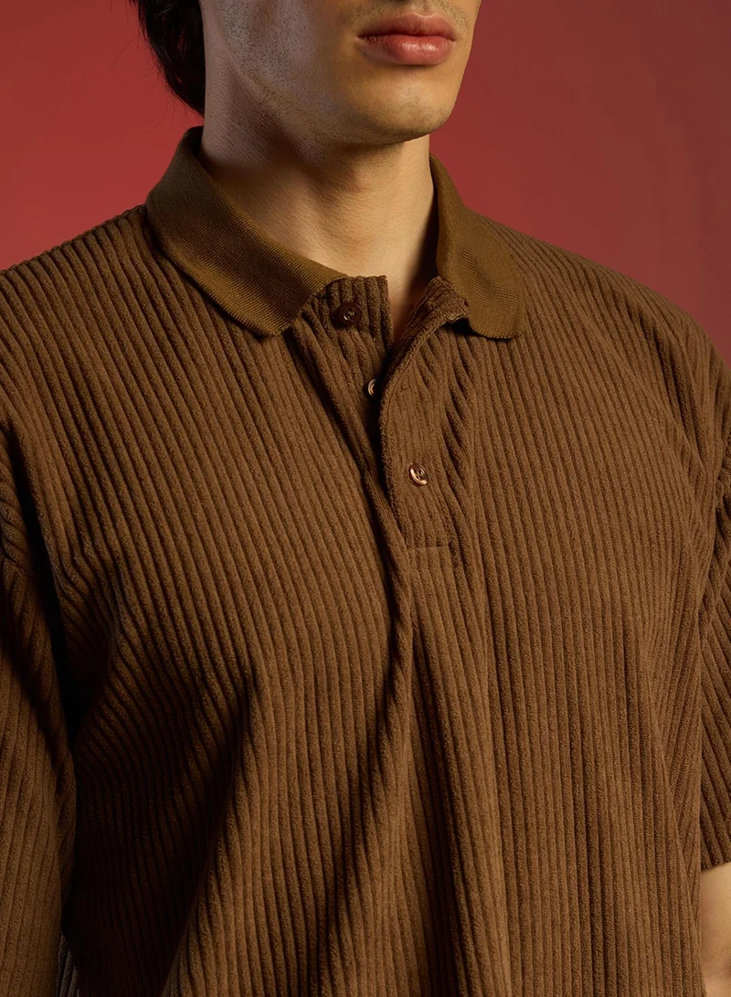 كامبوس سوترا Men's Chocolate Brown Ribbed Oversized Polo T-Shirt