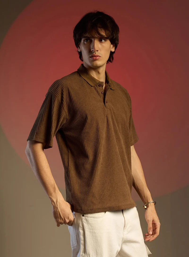 كامبوس سوترا Men's Chocolate Brown Ribbed Oversized Polo T-Shirt